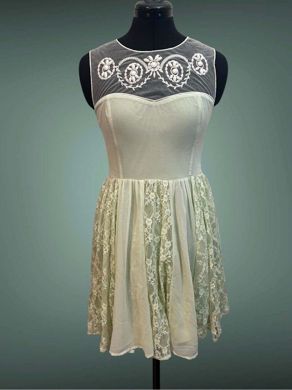 South Moon Under Mint Green Lace Mini Dress with Sheer Cream Embroidered Collar